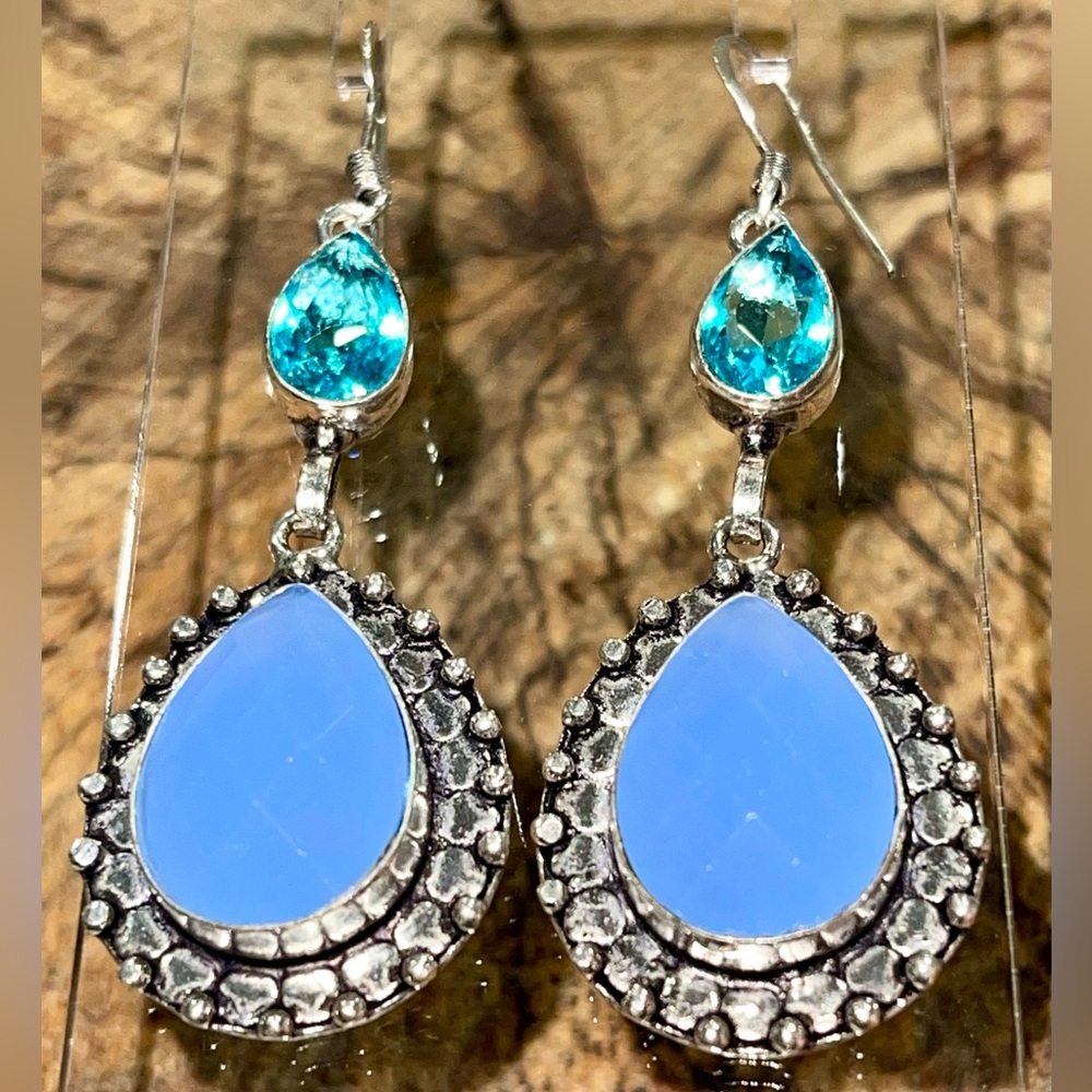 Faceted Blue Chalcedony Earrings 2 1/4”